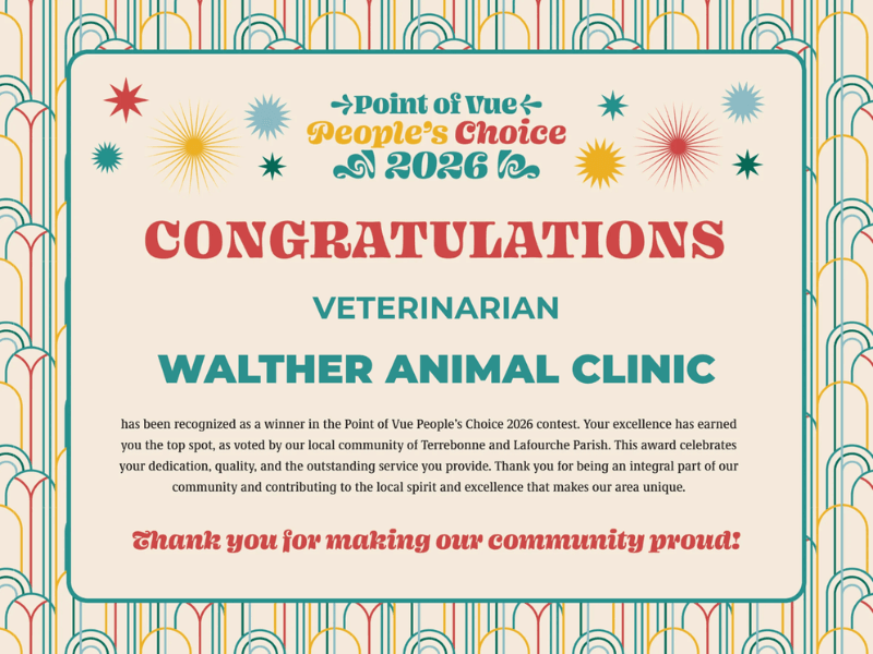 Award graphic congratulating Walther Animal Clinic as the 2026 Point of Vue People’s Choice winner in the Veterinarian category.
